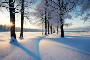 en snöig fält med träd och de Sol lysande. ai-genererad foto