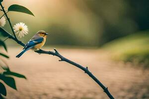 en blå fågel sitter på en gren med en blomma. ai-genererad foto