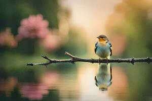 en fågel sitter på en gren i främre av vatten. ai-genererad foto