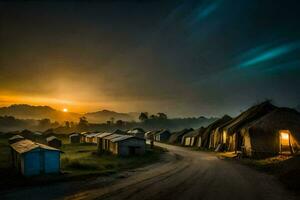 en by på solnedgång med hyddor och en väg. ai-genererad foto