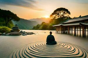 en man mediterar i de mitten av en zen trädgård. ai-genererad foto