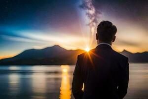 en man i en kostym står i främre av en sjö på solnedgång. ai-genererad foto