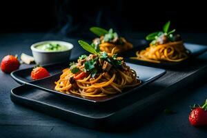 två plattor med spaghetti och jordgubbar på dem. ai-genererad foto