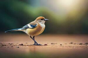 en fågel stående på de jord i främre av en suddigt bakgrund. ai-genererad foto
