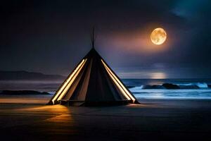 en tipi på de strand med en full måne i de bakgrund. ai-genererad foto