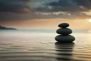 zen stenar på de strand på solnedgång. ai-genererad foto