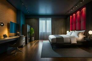 en modern hotell rum med en säng, skrivbord och tv. ai-genererad foto