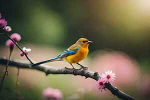 en små fågel sitter på en gren med rosa blommor. ai-genererad foto
