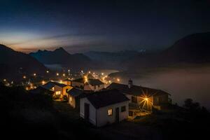 en by på natt med dimma och lampor. ai-genererad foto