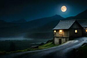 en stuga i de bergen med en full måne. ai-genererad foto