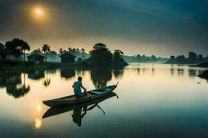 en man i en båt på en flod på soluppgång. ai-genererad foto