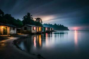 en strand med hus och en båt på natt. ai-genererad foto