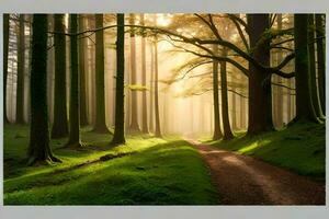 en väg genom en skog med solljus lysande genom de träd. ai-genererad foto