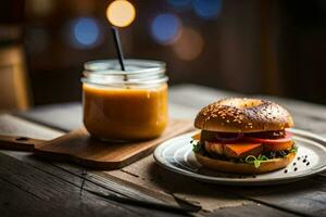 en bagel med kött, ost och grönsaker sitter på en tallrik Nästa till en glas av orange. ai-genererad foto