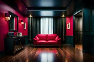 en röd soffa i en rum med svart väggar och trä golv. ai-genererad foto