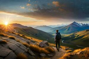 en man promenader upp en berg spår på solnedgång. ai-genererad foto