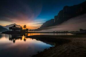 Foto tapet de himmel, berg, vatten, de strand, de Sol, de berg, de. ai-genererad