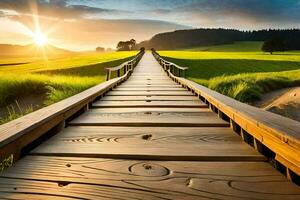 en trä- bro leder till en fält med gräs och Sol. ai-genererad foto