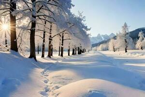 en snöig landskap med träd och snö. ai-genererad foto