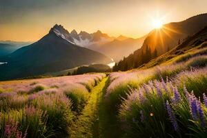 de Sol stiger över de bergen och lavendel- fält. ai-genererad foto