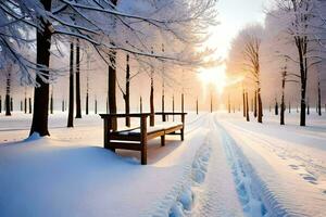 en bänk sitter i de mitten av en snöig skog. ai-genererad foto
