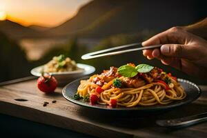 en mannens hand innehav en gaffel över spaghetti och grönsaker. ai-genererad foto