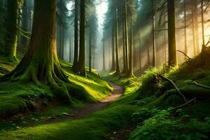en väg genom en skog med träd och mossa. ai-genererad foto