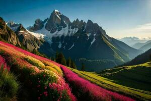 de Sol lyser på en fält av blommor i främre av berg. ai-genererad foto
