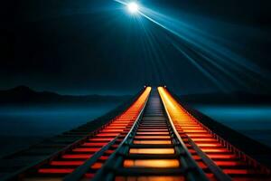 en tåg Spår med ljus lampor lysande på Det. ai-genererad foto