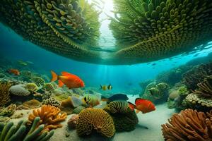 en korall rev med fisk och koraller. ai-genererad foto