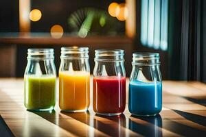 fyra annorlunda färgad juicer i glas flaskor på en tabell. ai-genererad foto