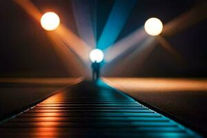 en person gående på en mörk väg med lampor. ai-genererad foto