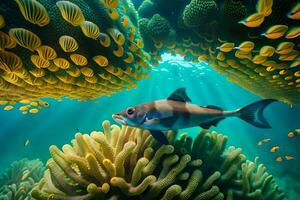 en fisk simning i de hav omgiven förbi korall. ai-genererad foto