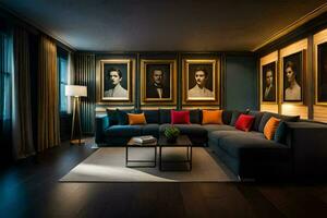 en levande rum med en soffa, en kaffe tabell och en målning på de vägg. ai-genererad foto