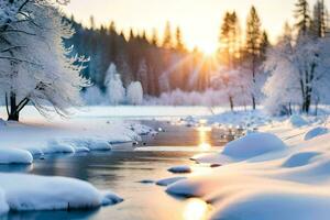 vinter- landskap med snö täckt träd och flod. ai-genererad foto