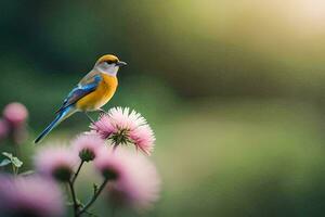 en fågel är uppflugen på topp av en blomma. ai-genererad foto