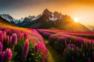 de Sol stiger över en fält av lila blommor och berg. ai-genererad foto