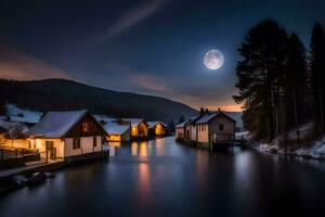 en full måne lyser över en flod och hus i de snö. ai-genererad foto
