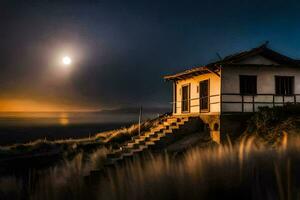 en små hus på de strand på solnedgång. ai-genererad foto