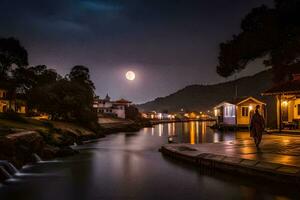 en full måne över de flod på natt. ai-genererad foto