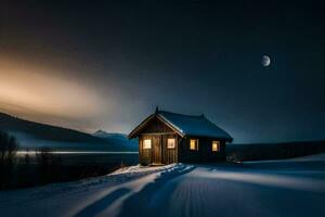 en små stuga i de snö på natt. ai-genererad foto