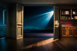 en rum med en ljus lysande genom de dörr. ai-genererad foto