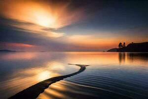en solnedgång över de vatten med en Vinka. ai-genererad foto