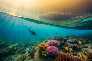 en dykare simmar över en korall rev med fisk och koraller. ai-genererad foto