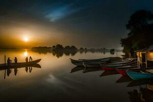 båtar på de vatten på solnedgång. ai-genererad foto