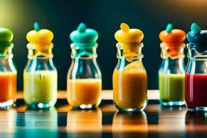 en rad av färgrik flaskor med annorlunda färgad juicer. ai-genererad foto