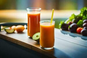 två glasögon av orange juice sitta på en tabell. ai-genererad foto
