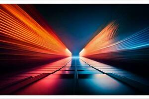 en fotografera av en lång tunnel med ljus stigar. ai-genererad foto