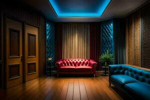 en rum med en blå läder soffa och en röd läder stol. ai-genererad foto