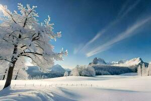 en snöig landskap med träd och berg. ai-genererad foto